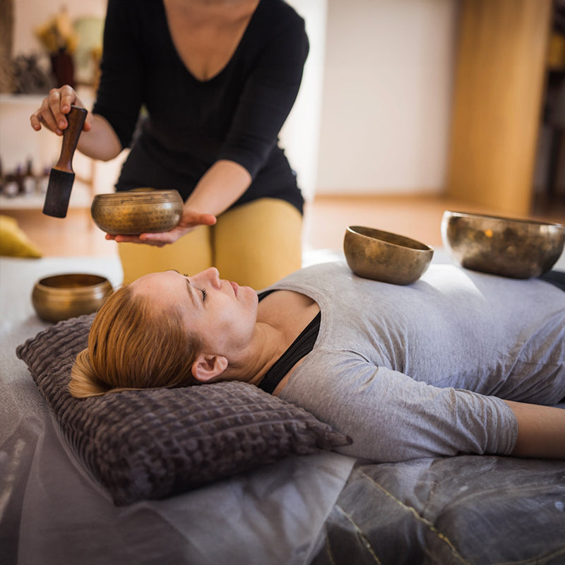 Tibetan brass singing bowl with Sanskrit – handmade meditation instrument for stress relief.