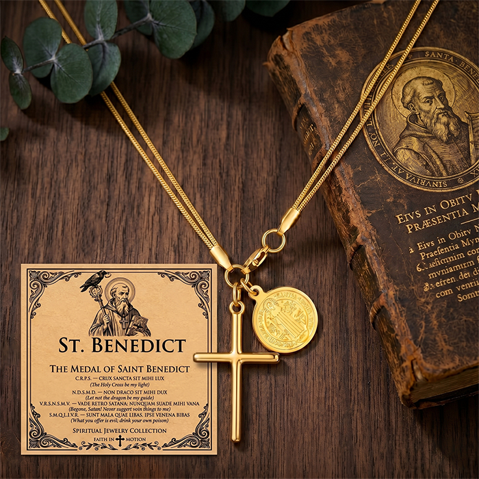 St Benedict Medal Cross Necklace For Women Men, 18K Gold Plated Stainless Steel Snake Chain, Religious San Benito Coin Protection Jewelry Gi from QuestCrate