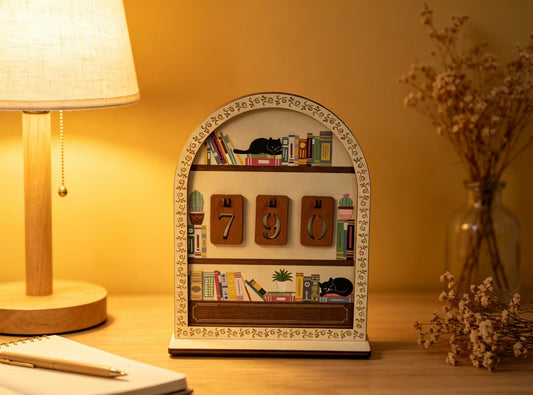 Wooden Black Cat Bookshelf Reading Tracker, Reusable Number Reading Counter, Desk Decor Book Log Perpetual Calendar from QuestCrate