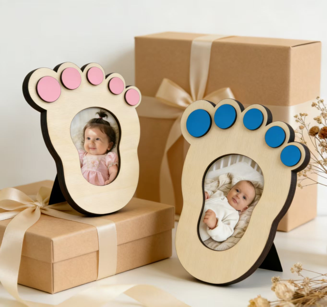 Baby Footprint Wooden Photo Frame, DIY Writeable Newborn Keepsake Picture Frame, Natural Wood Baby Shower Gift For Infant Boys Girls from QuestCrate