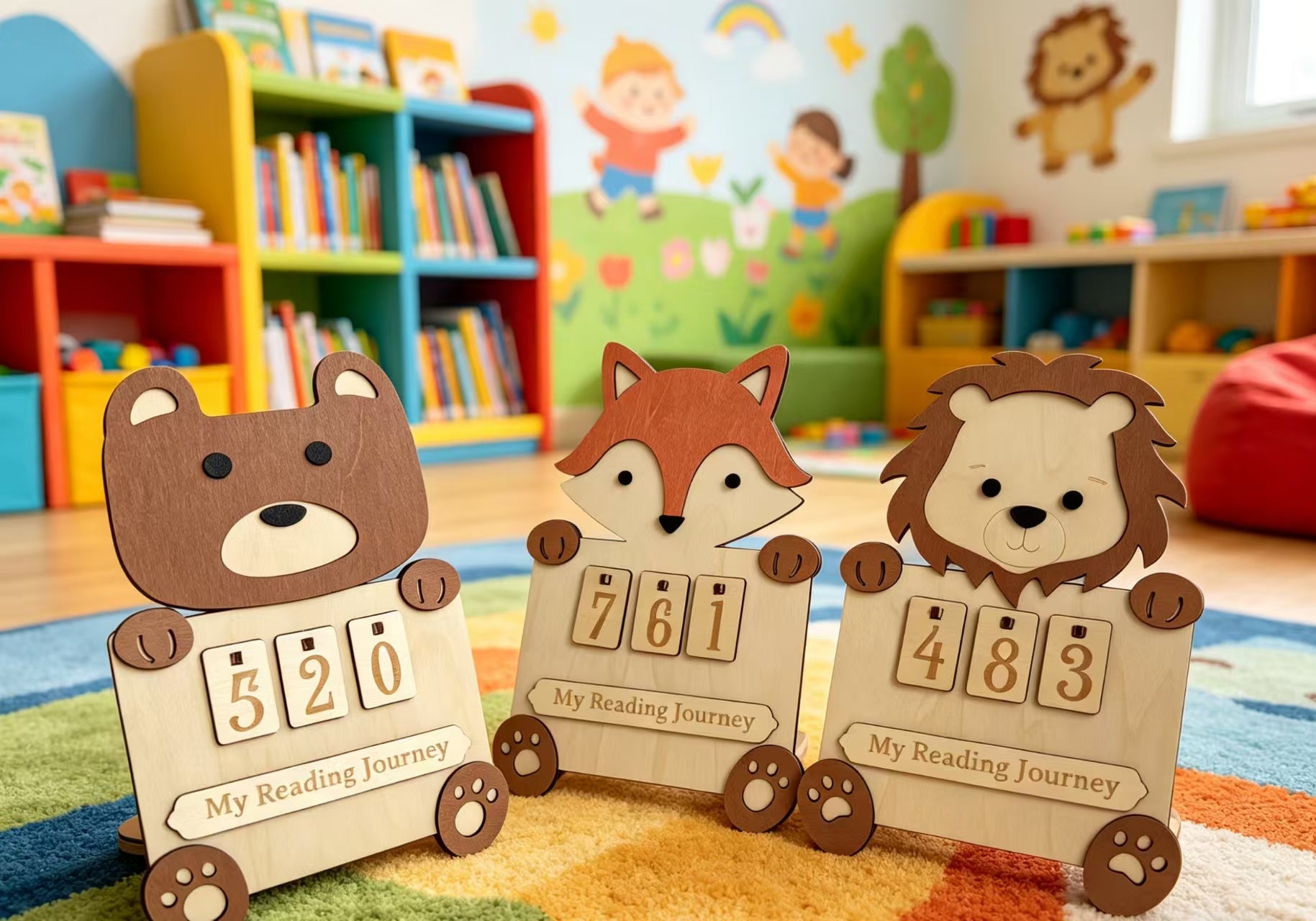 Wooden Reading Counter Tracker Fox Lion Bear Animal Reading Journey Counting Sign Book Log Keepsake Desk Decor from QuestCrate