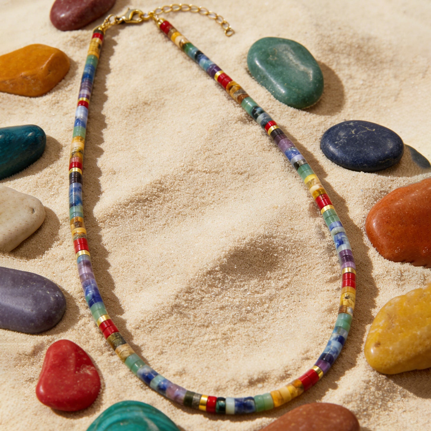 7 Chakra Heishi Bead Choker Necklace For Women, Colorful Natural Stone Tube Beads, Gold Extension Chain, Boho Jewelry Gift Daily Wear from QuestCrate