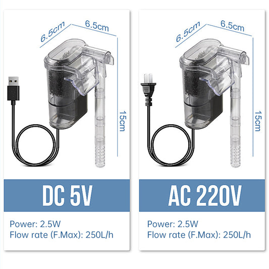 New USB - powered hanging aquarium filter, 2.5W, 250L/H. Ideal for aquariums under 30cm. Mini size.